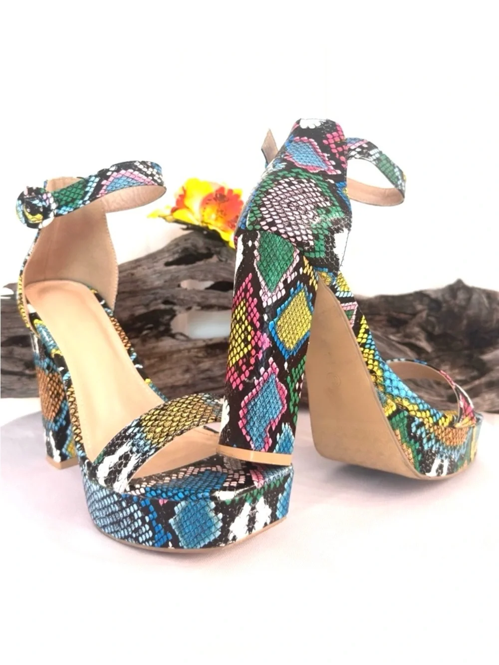 FASHION SHOE ~ Multi-Color Snakeskin Print Open Toe Platform Ankle-Strap Heels